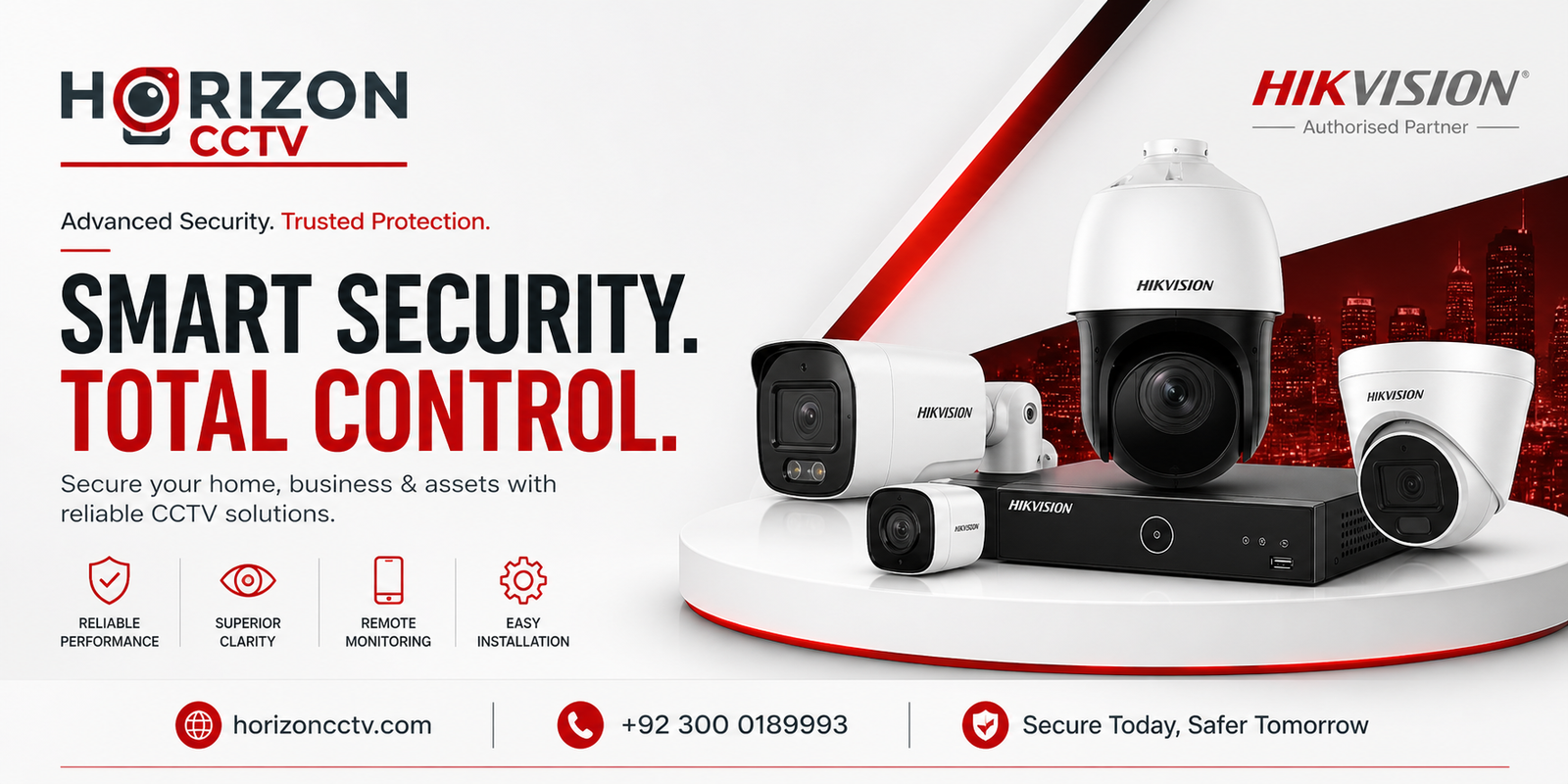 Horizon CCTV smart security banner featuring Hikvision PTZ dome camera, bullet camera, turret camera and DVR — Smart Security, Total Control