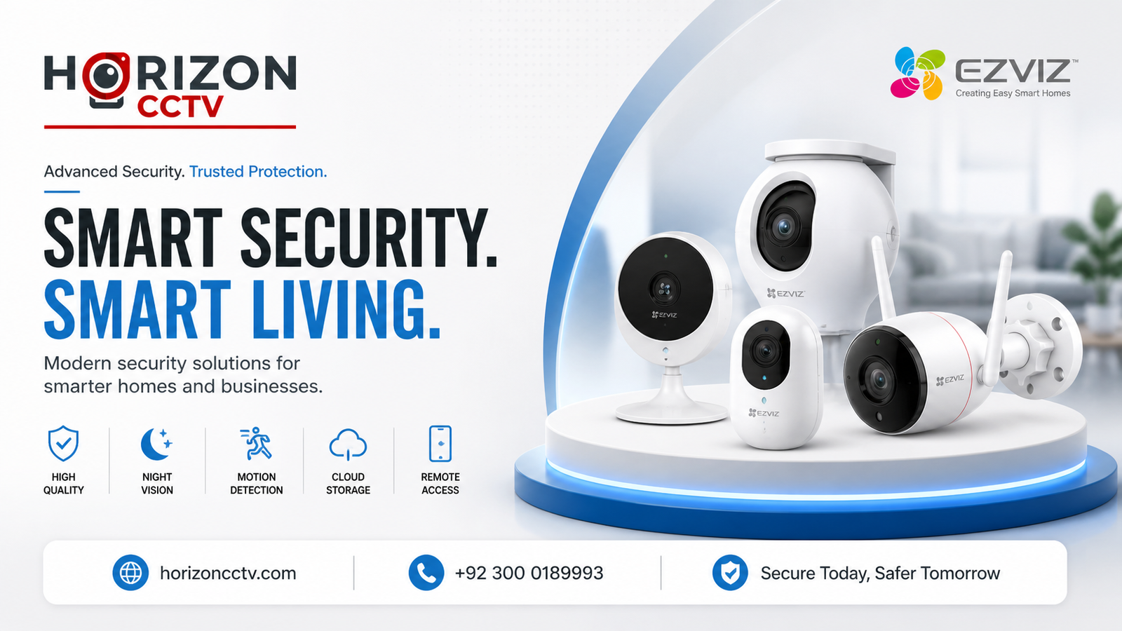 Horizon CCTV smart living banner featuring EZVIZ WiFi security cameras — Smart Security, Smart Living with motion detection and remote access